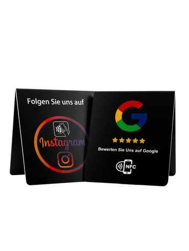 Doppelseitiger NFC - Aufsteller für mehr Google Bewertungen und Instagram - Follower - Custom Ratings