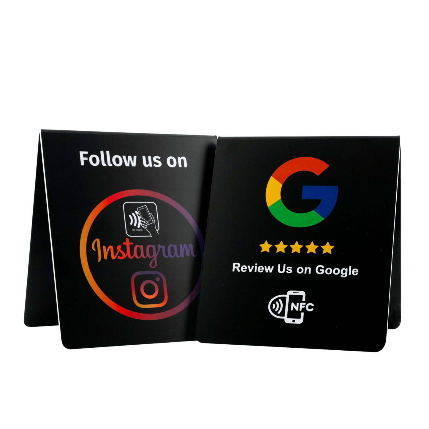 Doppelseitiger NFC - Aufsteller für mehr Google Bewertungen und Instagram - Follower - Custom Ratings