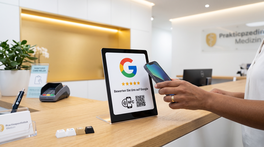Custom Ratings NFC Aufsteller an der Rezeption einer Arztpraxis