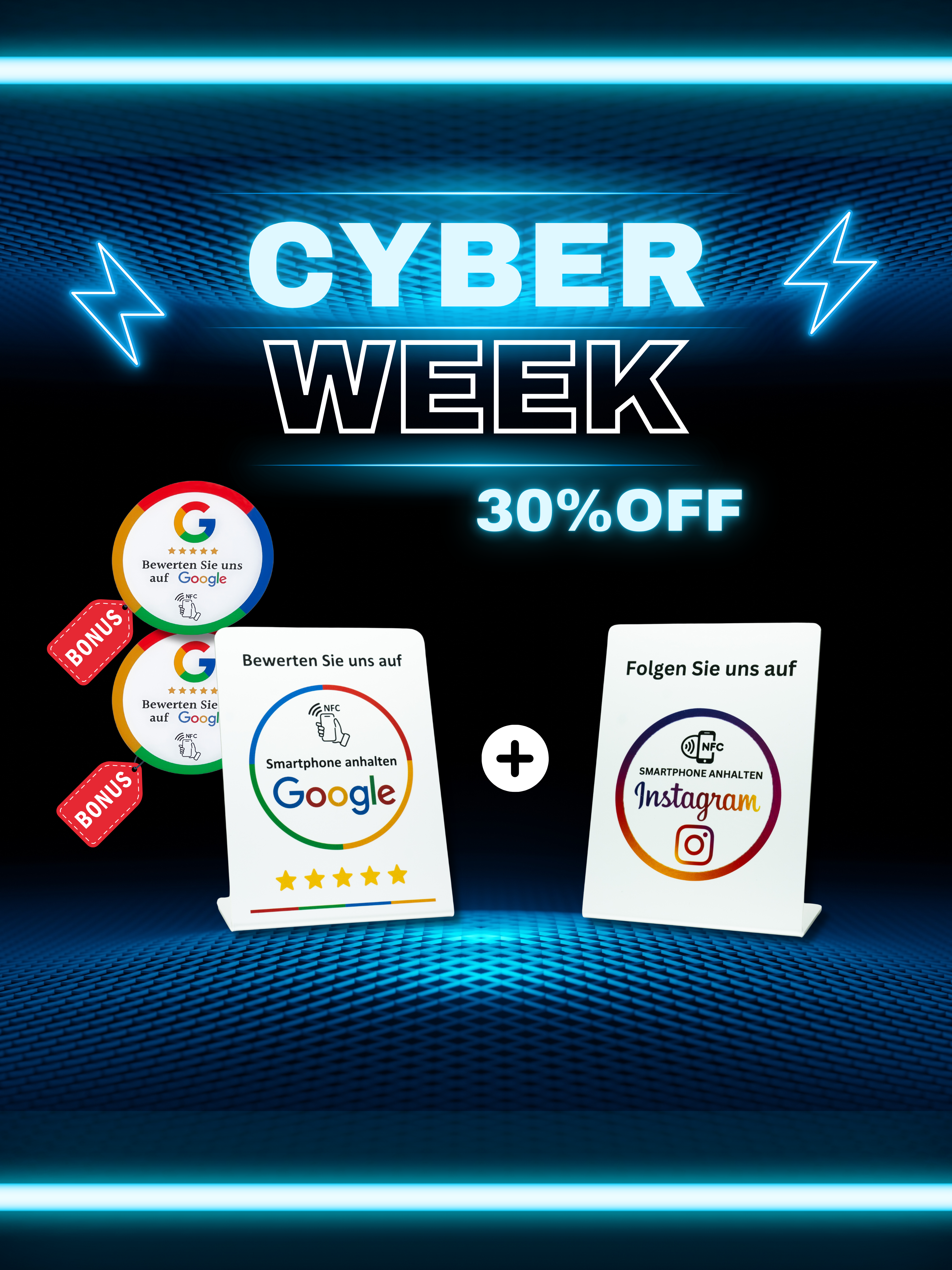 Cyber Week Bundle | Google NFC-Aufsteller + Instagram NFC-Aufsteller (Bonus: 2x Google NFC-Aufkleber)