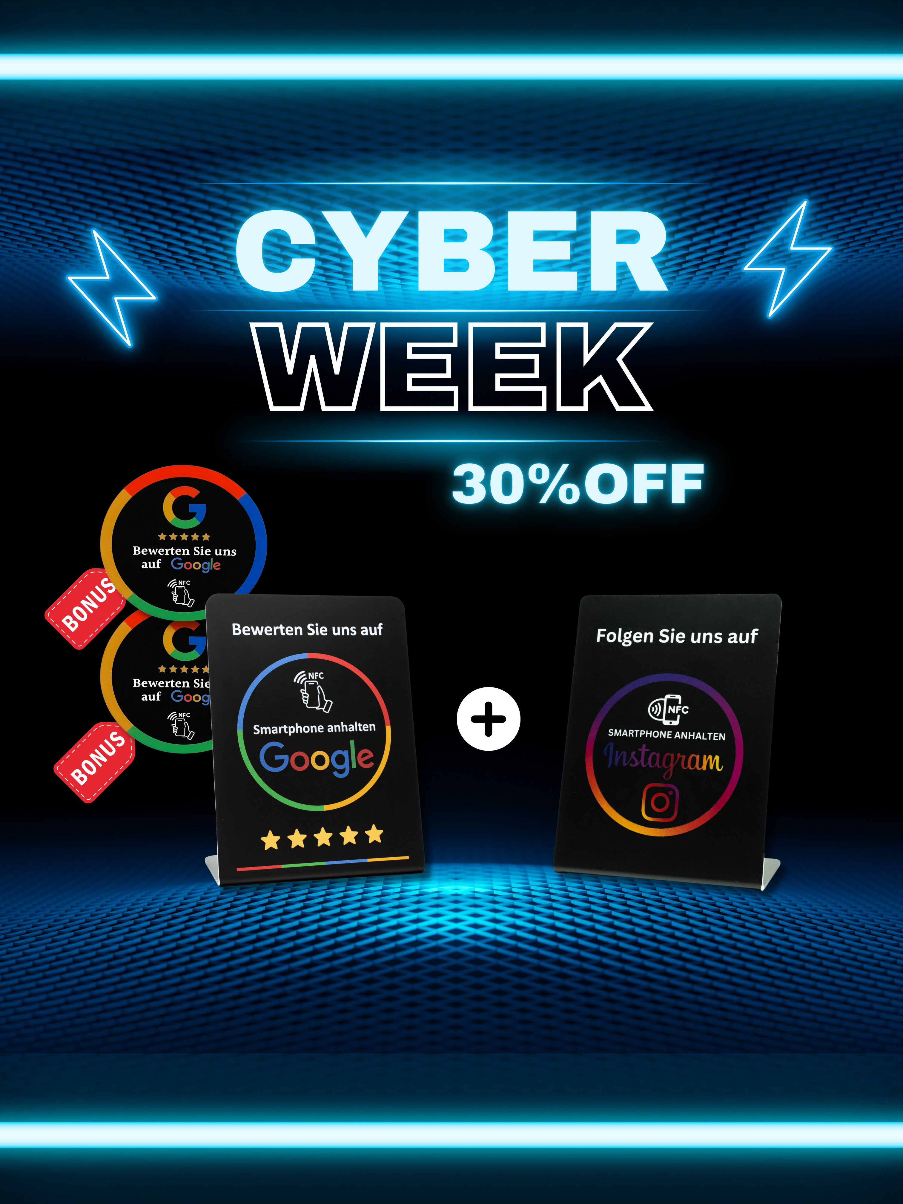 Cyber Week Bundle | Google NFC-Aufsteller + Instagram NFC-Aufsteller (Bonus: 2x Google NFC-Aufkleber)